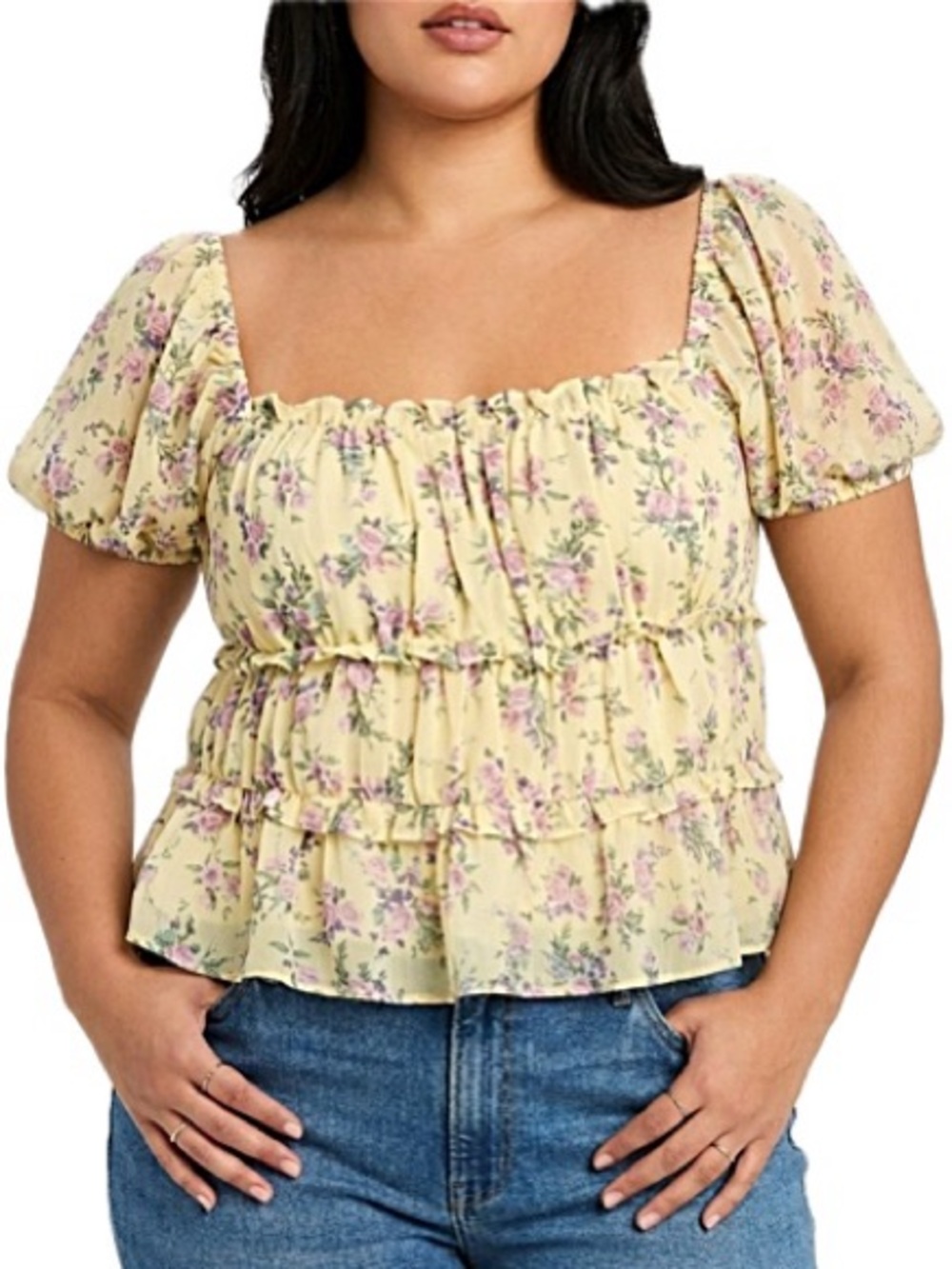 ASTR Yellow Floral Chiffon Milkmaid Top Size XL Puff Sleeve Ruffle Crop Blouse